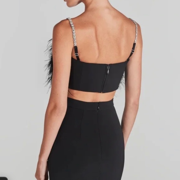 NADINE MERABI Kara Black Feather Crop Top with Silver Straps - Picture 2 of 3
